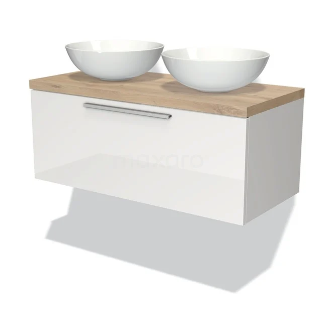 Weißes hängendes Badmöbel mit Holzplatte, zwei runden Waschbecken und modernem Haltegriff, ideal für stilvolle Bäder.