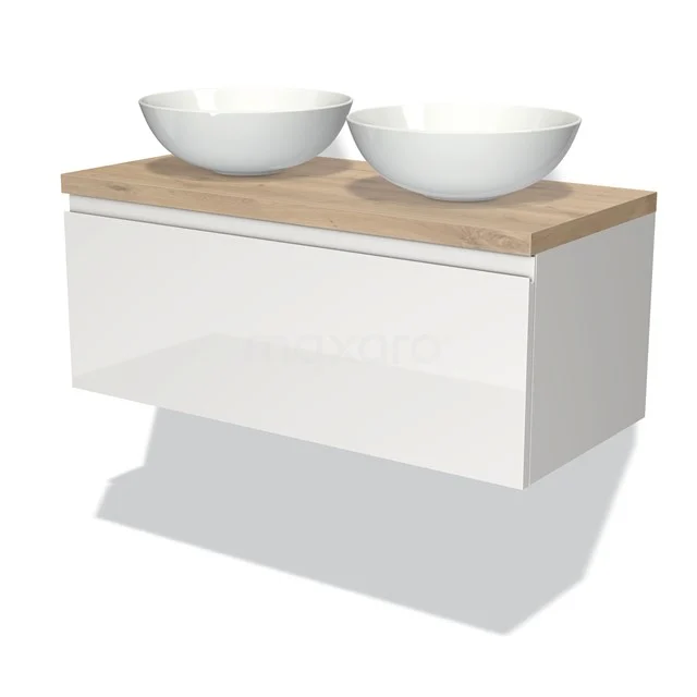 Weißes schwebendes Badmöbel mit Holzplatte und zwei runden keramischen Aufsatzwaschbecken, modernes und platzsparendes Design.