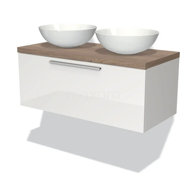 Modulo Plato Vanity units for countertop basin | 100 cm High-gloss white Flat front Mid brown oak worktop 1 drawer BMK11-00543