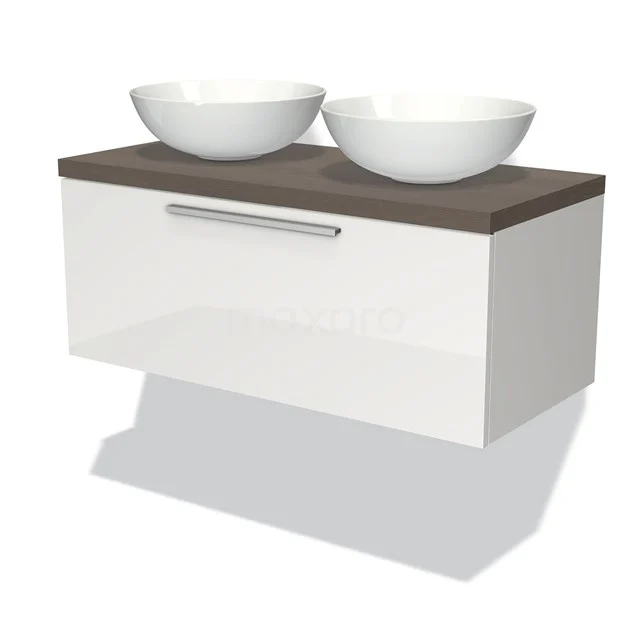 Weißes schwebendes Badezimmermöbel mit Holzlook Platte und zwei runden Waschbecken, moderner Stil, ideal für Badezimmerlagerung.