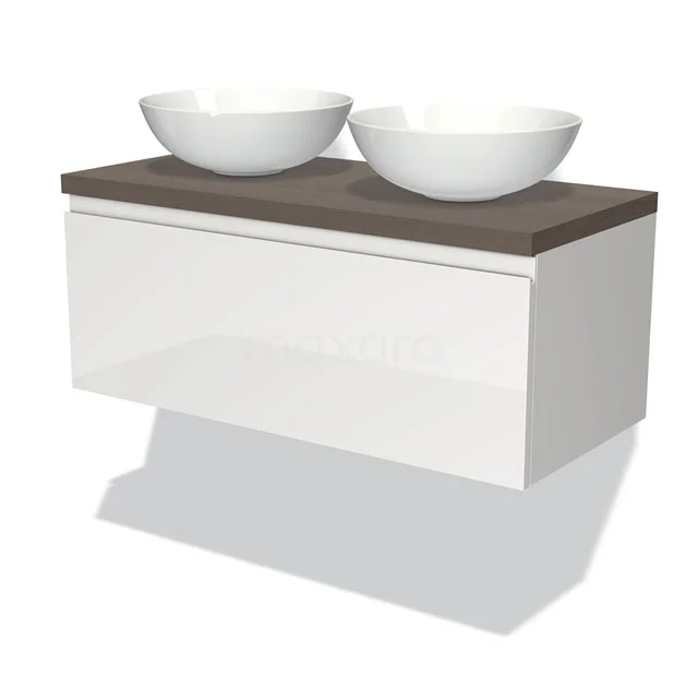 Wit zwevend badkamermeubel met houtlook blad en dubbele ronde waskommen, modern design voor stijlvolle badkamers.