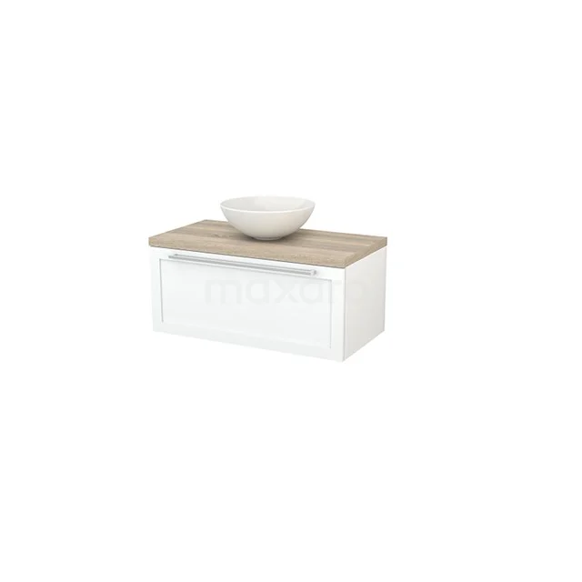 Wall-mounted white bathroom unit with oak worktop and round ceramic countertop wash basin, modern design.
