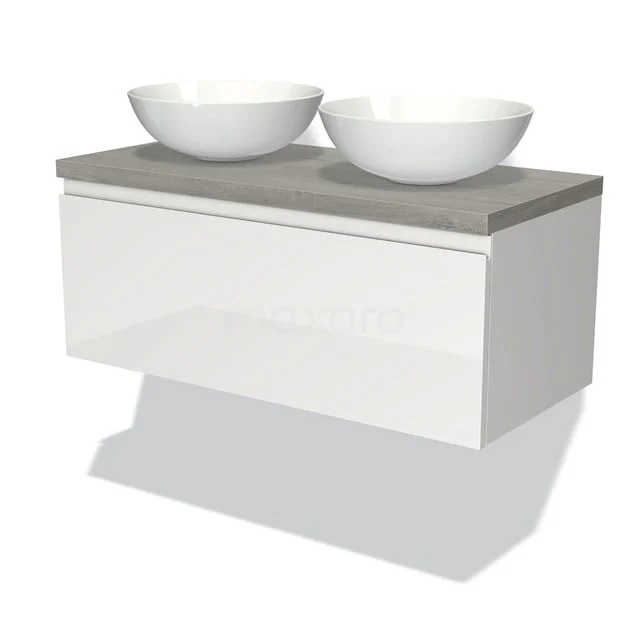 Zweites Badmöbel weiß mit Betonplatte und zwei runden weißen Aufsatzwaschbecken, modernes Design für stilvolle Bäder.