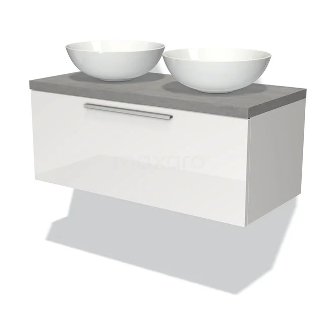 Weißes schwebendes Badmöbel mit grauer Arbeitsplatte und doppeltem Aufsatzwaschbecken aus Keramik, minimalistisches Design und moderne Ausstrahlung.