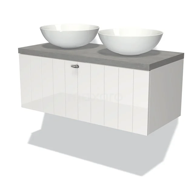 White hanging bathroom unit with two round countertop wash basins, grey wood-look top and modern design style.
