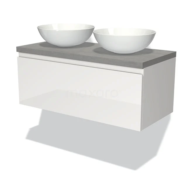 Badmöbel für Waschtischunterschrank mit Konsole 100cm Modulo Plato Hochglanz Weiß 1 Schublade Grifflos hellgrauer Beton Platte BMK11-00554 Weißes hängendes Badmöbel mit zwei runden Aufsatzwaschbecken und grauer Platte, modernes Design, ideal für ein stilvolles Badezimmer.