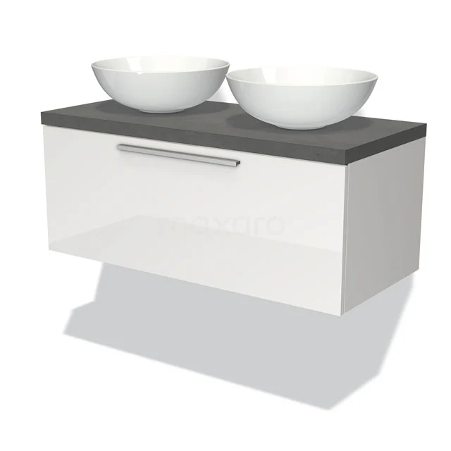 Zweifach weißes Badezimmermöbel mit schwarzer Platte und zwei ovalen Aufsatzwaschbecken, modernes Design für stilvoll eingerichtete Sanitäranlagen.