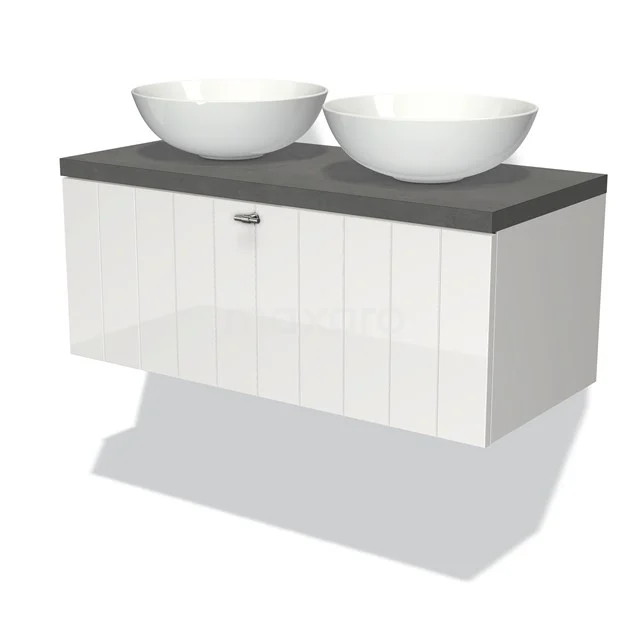 Modulo Plato Badmöbel mit Aufsatzwaschbecken | 100 cm Hochglanz Weiß Lamelle front Dunkelgrauer Beton blatt 1 Schublade BMK11-00556 Weißes Hochglanz-Badmöbel mit Doppelwaschbecken, grauem Kompositblatt und moderner schwebender Form für ein stilvolles Badezimmer.