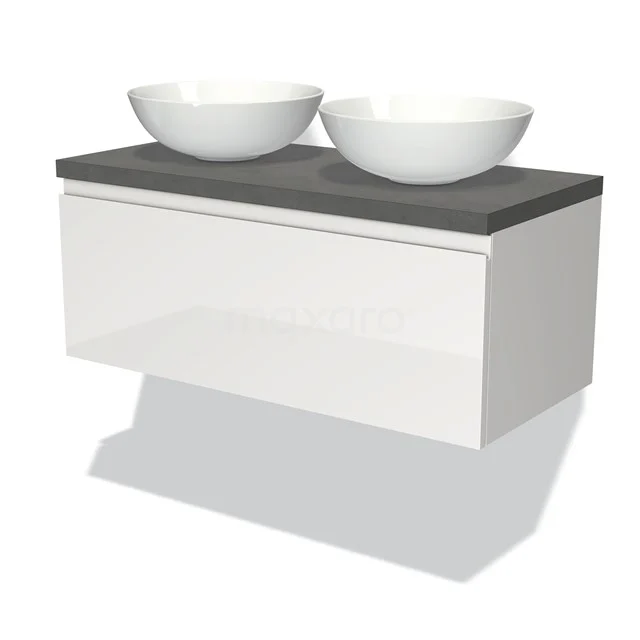 Badmöbel für Aufsatzwaschbecken 100cm Modulo Plato Hochglanz Weiß 1 Schublade Grifflos Dunkelgrau Beton Platte BMK11-00557 Weißes schwebendes Badezimmermöbel mit Betonlook Platte und doppelten runden Aufsatzwaschbecken für eine moderne Badezimmer Einrichtung.