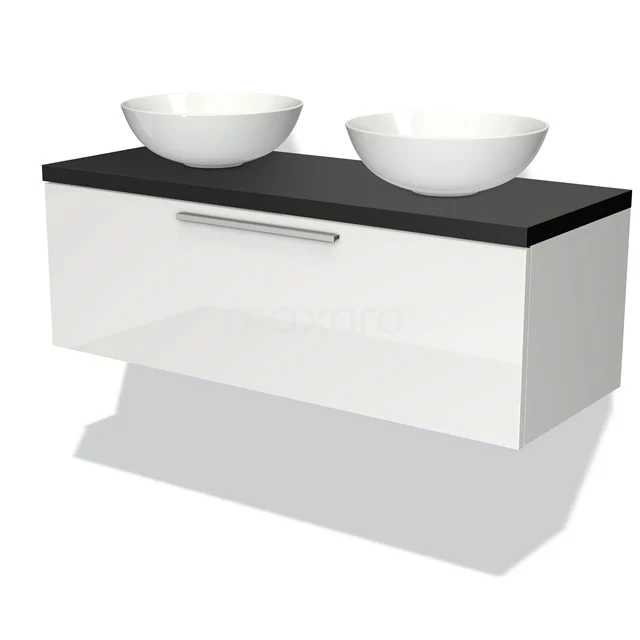 Weiße schwebende Badschrank mit schwarzer Platte, aus der modernen Serie, einschließlich zwei keramischen Aufsatzwaschbecken.