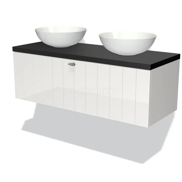 White hanging bathroom unit with black top plate and double round countertop wash basins, stylish and modern design.