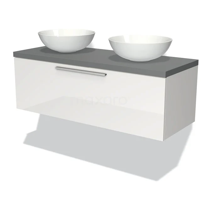 White bathroom furniture set with two round countertop wash basins, grey top plate, modern gloss finish and Stainless steel handle.