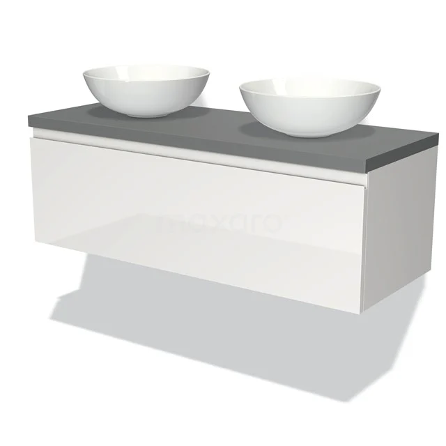 Modulo Plato Vanity units for countertop basin | 120 cm High-gloss white Handle-less front Mid grey worktop 1 drawer BMK11-00563 White floating bathroom furniture set with two round countertop wash basins and grey worktop, ideal for modern bathroom set-ups.