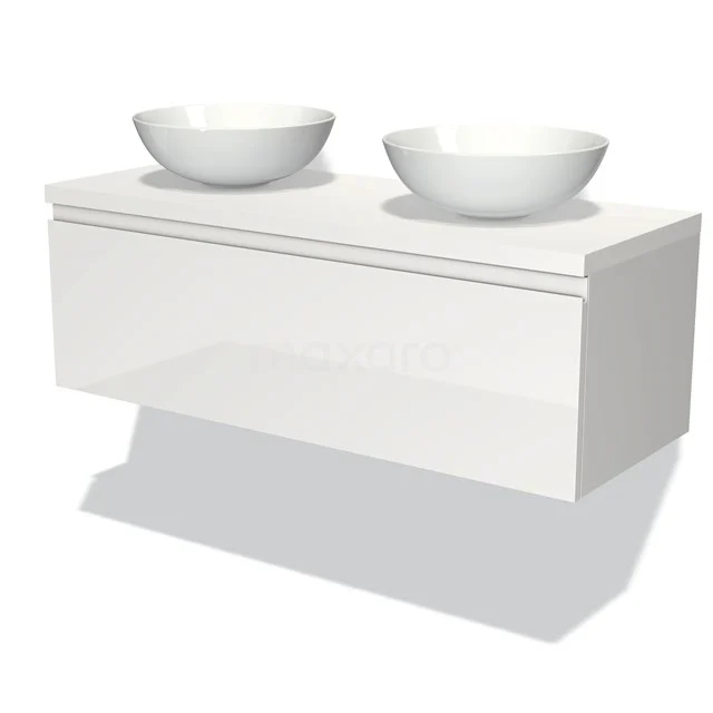 White hanging bathroom unit with two ceramic countertop wash basins, minimalist design, ideal for modern bathrooms.