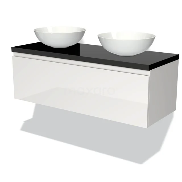 White hanging bathroom furniture set with black worktop and two round countertop wash basins, modern design for stylish bathrooms.