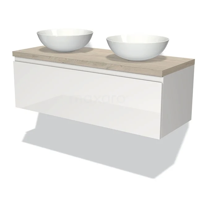 White floating bathroom unit with two round countertop wash basins, wooden worktop and minimalist design. Perfect for modern bathrooms.