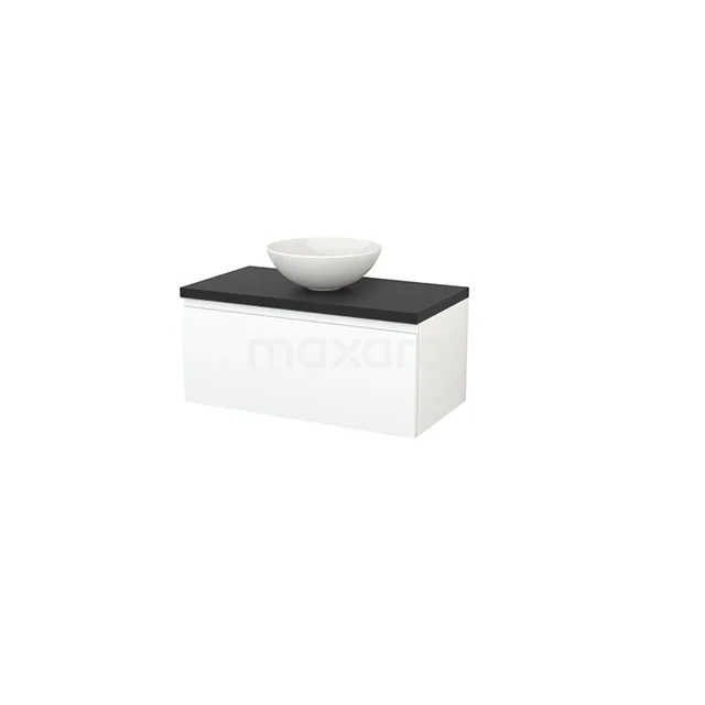 White bathroom furniture set with black top, ceramic countertop wash basin and modern look, perfect for luxury bathroom design.