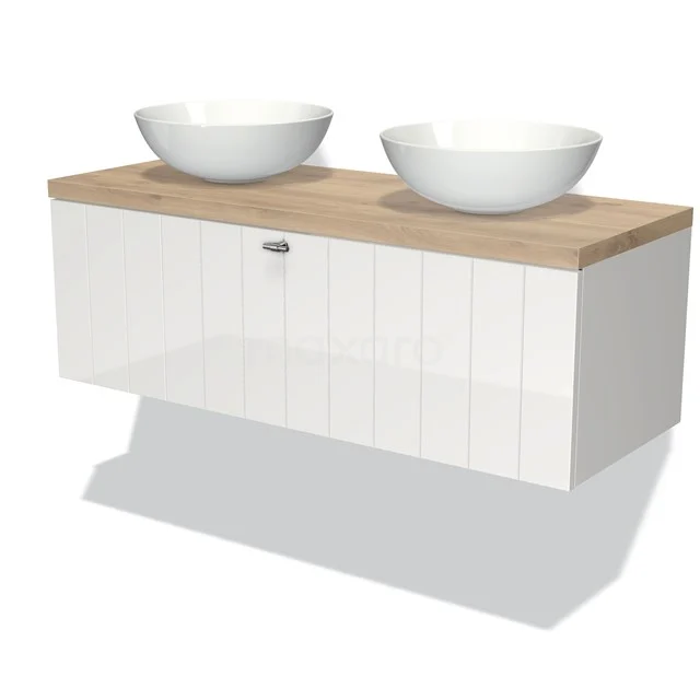 Modulo Plato Vanity units for countertop basin | 120 cm High-gloss white Slat front Light brown oak worktop 1 drawer BMK11-00580 White suspended bathroom unit with two ceramic countertop wash basins, wooden worktop and panel finish for modern bathrooms.