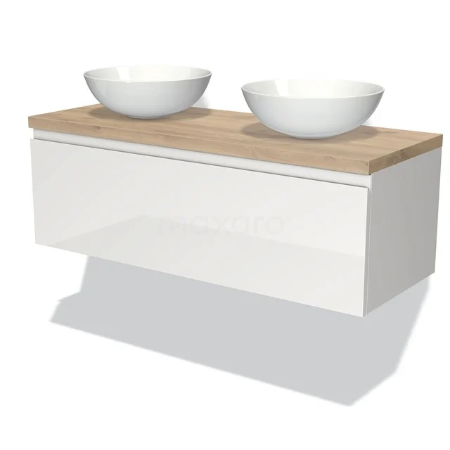 White suspended bathroom unit with wooden worktop and double bowl-shaped sinks, sleek design for modern bathrooms.