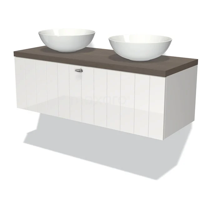 Weißes hängendes Badezimmermöbel mit Holzlook Platte, doppelten runden Aufsatzwaschbecken und modernem Aufbewahrungsschrank, ideal für stilvolle Bäder.