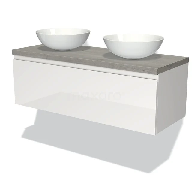 White wall unit with concrete worktop, double round basins; modern bathroom unit for stylish bathrooms.