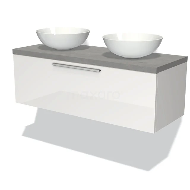 Modulo Plato Vanity units for countertop basin | 120 cm High-gloss white Flat front Light grey concrete worktop 1 drawer BMK11-00591 Wall-mounted white bathroom unit with double basin, grey concrete worktop, modern design and metal Handle.