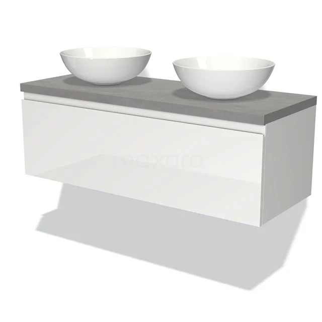 White suspended bathroom unit with double basin basin and grey concrete-look top, sleek design for modern bathrooms.