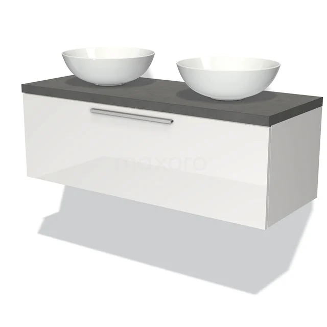 White hanging bathroom unit with grey top, fitted with two round basin bowls, modern design.