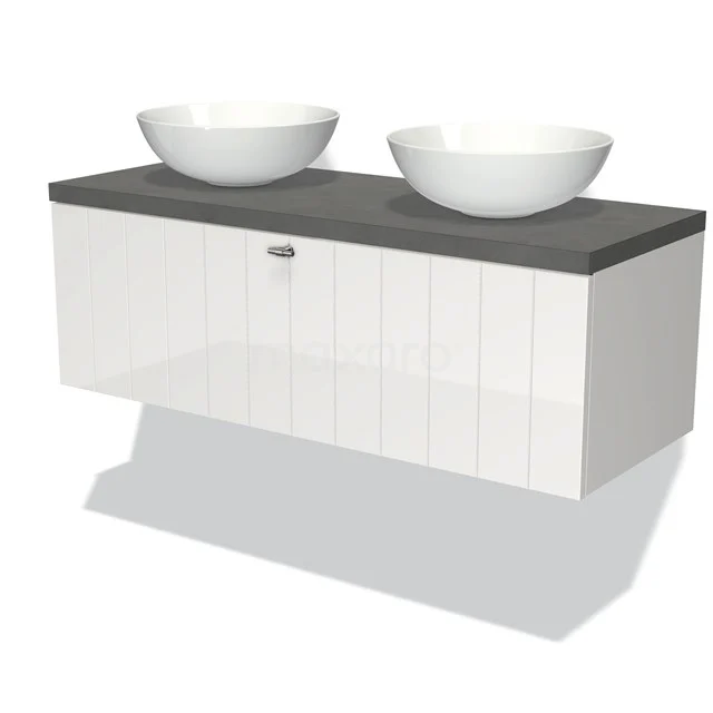 White hanging bathroom unit with a dark grey worktop, two round countertop wash basins and a modern look.