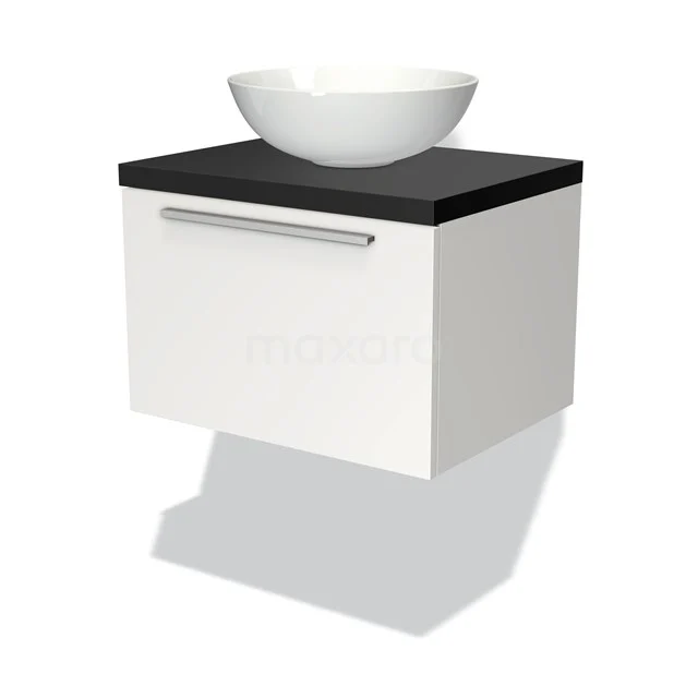 Badmöbel für Waschtischunterschrank mit Konsole 60cm Modulo Plato Matt Weiß 1 Schublade Flach Matt Schwarz Platte BMK11-00597 Weißes hängendes Badmöbel mit schwarzer Platte und runder weißer Aufsatzwaschbecken, modernes Design und praktisch für jedes Badezimmer.