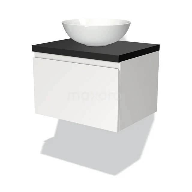 Weißes schwebendes Badmöbel mit schwarzer Platte und runder Aufsatzwaschbecken, ideal für einen modernen Badezimmerstil.