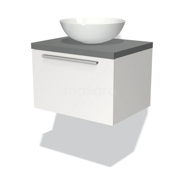 Weißes hängendes Badmöbel mit grauer Platte und rundem Aufsatzwaschbecken, straffes Design, ideal für moderne Bäder.