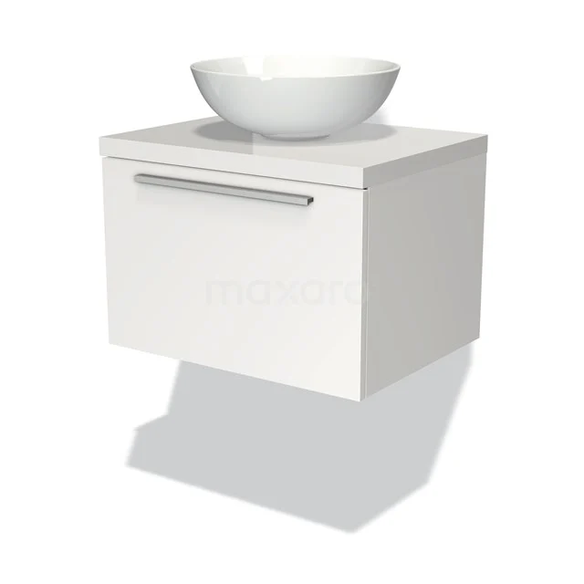 Weißes Wandmöbel mit Schublade, keramisches Aufsatzwaschbecken; modernes Design ideal für ein stilvolles Badezimmer.