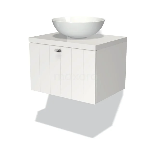 White suspended bathroom unit with wood structure and round ceramic basin, modern design for compact bathrooms.