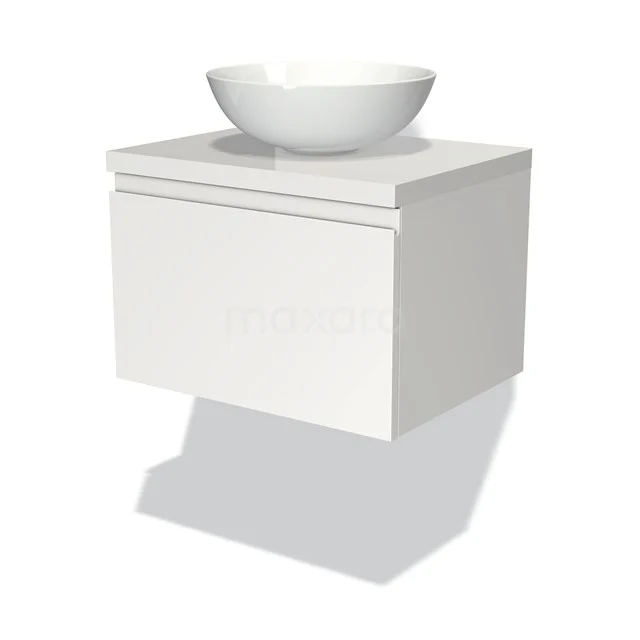 Weißes schwebendes Waschtischmöbel mit integriertem weißen Aufsatzwaschbecken, schlankes Design, ideal für ein modernes Badezimmer.