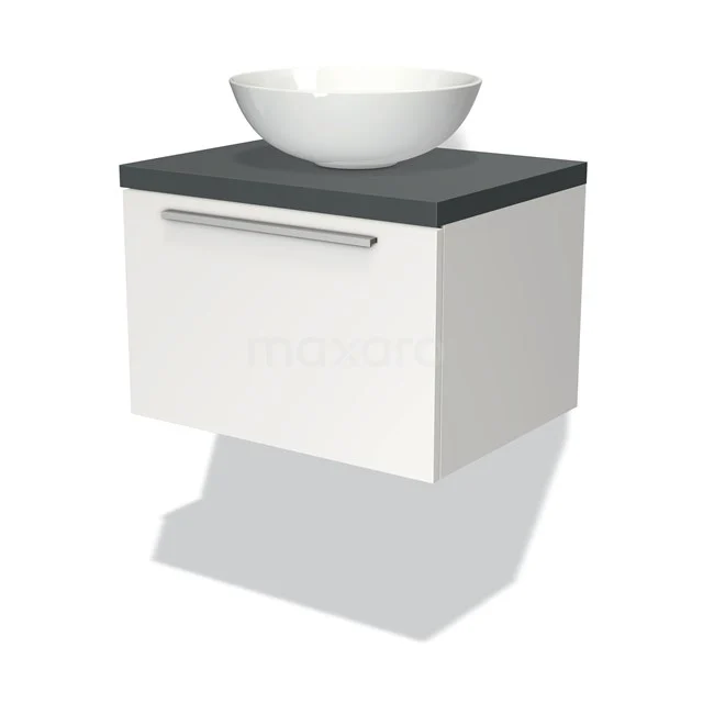 Weißes hängendes Badmöbel mit anthrazitfarbener Platte und rundem Waschbecken, modernes Design für kompakte Bäder.