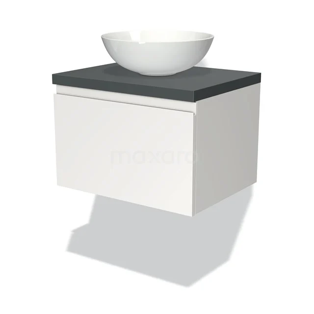 Weiße Badmöbelset mit grauer Arbeitsplatte und keramischem Aufsatzwaschbecken, modernes Design und kompakte Form ideal für kleine Bäder.