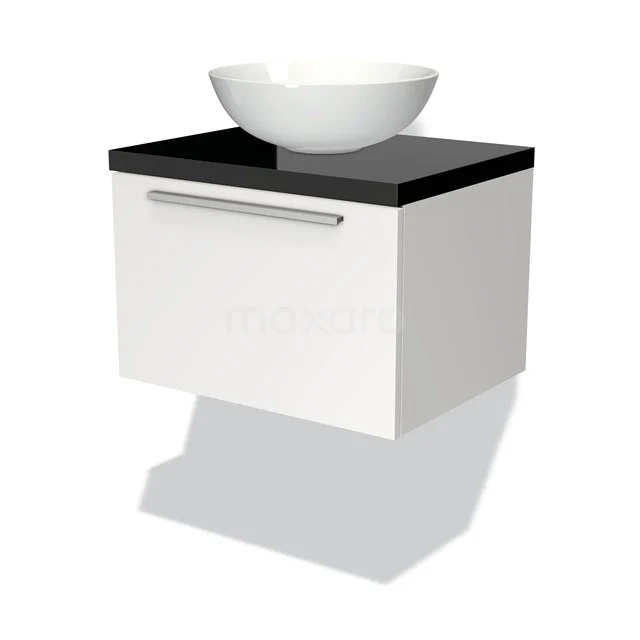 Badmöbel für Waschtischunterschrank mit Konsole 60cm Modulo Plato Matt Weiß 1 Schublade Flach Hochglanz Schwarz Platte BMK11-00609 Weißes hängendes Badmöbel mit schwarzer Platte und runder Aufsatzwaschbecken aus Keramik, ideal für moderne Bäder.