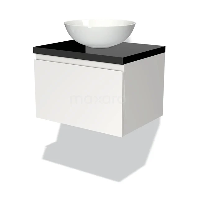 Badmöbel für Waschtischunterschrank mit Konsole 60cm Modulo Plato Matt Weiß 1 Schublade Grifflos Hochglanz Platte BMK11-00611 Weißes hängendes Badmöbel mit schwarzer Oberplatte und rundem weißen Aufsatzwaschbecken, modernes Design, ideal für ein stilvolles Badezimmer.