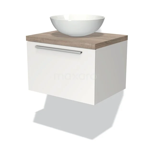 Weißes schwebendes Badezimmermöbel mit Holzplatte und rundem Waschbecken, modernes Design und minimalistischer Haltegriff.