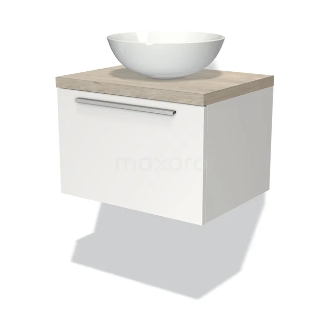 Weißes Badezimmermöbel mit Holzplatte, keramischem Aufsatzwaschbecken und Schublade mit Haltegriff; modernes Design für jedes Badezimmer.