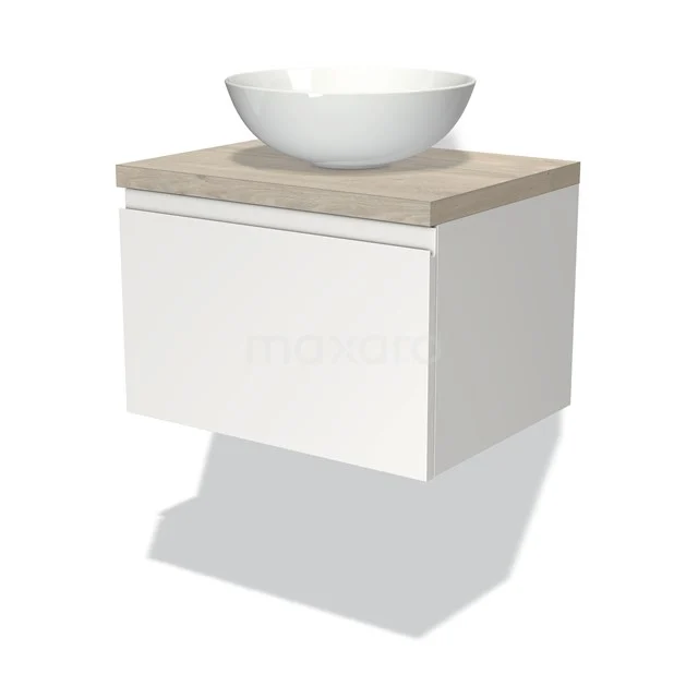 Weißes hängendes Badmöbel mit einer Holzoptik Waschtischplatte und einem runden weißen Aufsatzwaschbecken, modernes Design für ein stilvolles Badezimmer.