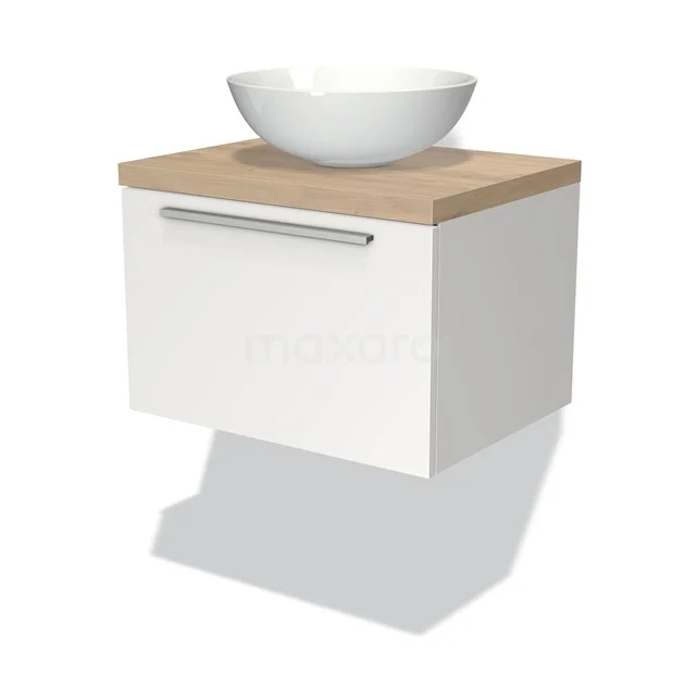 Badmöbel für Aufsatzwaschbecken 60cm Modulo Plato Matt Weiß 1 Schublade Flach Hellbraune Eiche Platte BMK11-00618 Weißes hängendes Badmöbel mit Holzplatte und rundem keramischen Aufsatzwaschbecken, moderne Designserie für kompakte Bäder.