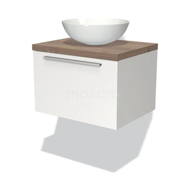 Badmöbel für Waschtischunterschrank mit Konsole 60cm Modulo Plato Matt Weiß 1 Schublade Flach Mittelbraune Eiche Platte BMK11-00621 Weißes hängendes Badmöbel mit Holzplatte und rundem Aufsatzwaschbecken, modernes Design für ein stilvolles Badezimmer.