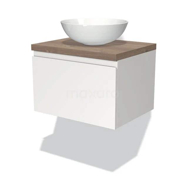 Weißes hängendes Badmöbel mit holzfarbener Platte und einem runden weißen Aufsatzwaschbecken, modernes Design geeignet für kleine Bäder.