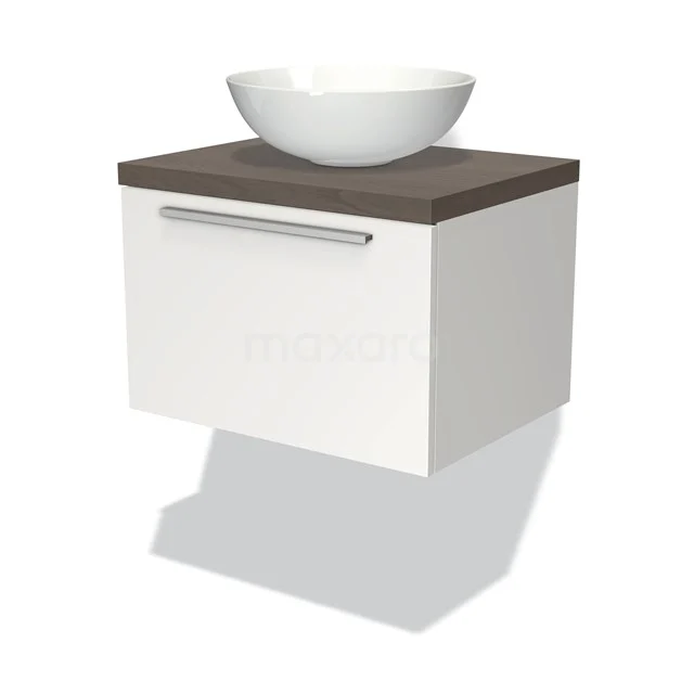 Badmöbel für Aufsatzwaschbecken 60cm Modulo Plato Matt Weiß 1 Schubladen Flach Dunkelbraune Eiche Platte BMK11-00624 Weißes hängendes Badmöbel mit Holzlook Waschtischplatte und runder Aufsatzwaschbecken, ideal für moderne Badezimmergestaltung.