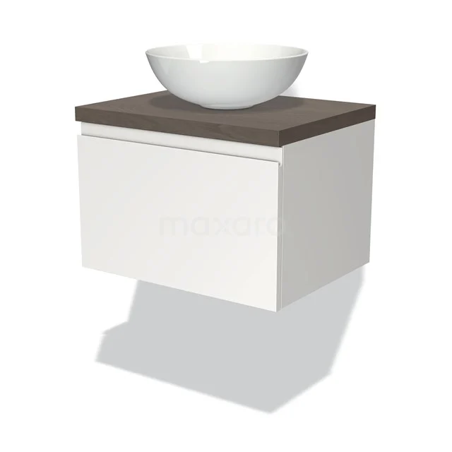 Modulo Plato Badmöbel mit Aufsatzwaschbecken | 60 cm Matt Weiß Grifflos front Dunkelbraune Eiche blatt 1 Schublade BMK11-00626 Weißes schwebendes Badezimmermöbel mit dunkler Holzplatte und modernem Aufsatzwaschbecken, ideal für ein stilvolles und kompaktes Badezimmer.