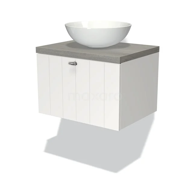 White hanging bathroom unit with grey basin worktop and round surface-mounted bowl, modern design, ideal for compact bathrooms.