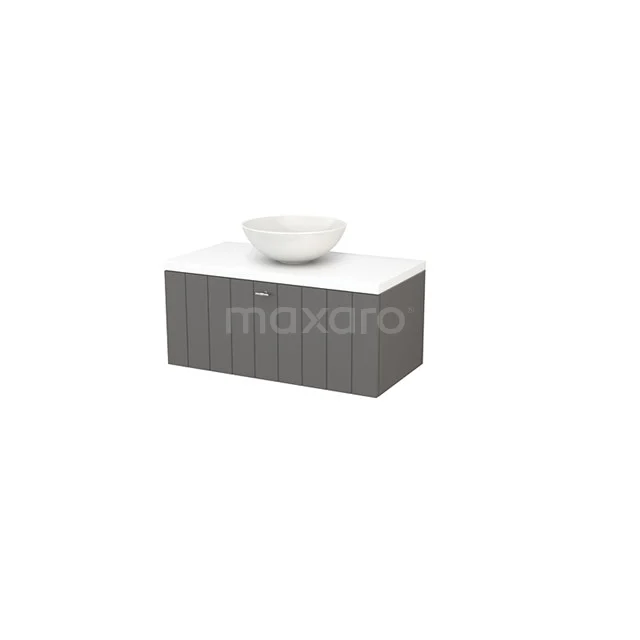 Modulo+ Plato Vanity units for countertop basin | 90 cm Basalt Slat front Matte white worktop 1 drawer BMK001321 Grey bathroom furniture set with Basin, ribbed pattern on cabinet, white top plate and ceramic bowl, stylish and modern design.