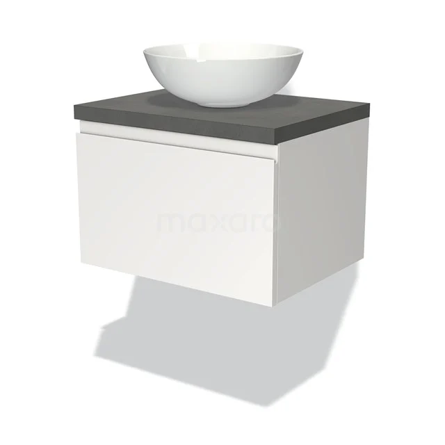 Badmöbel für Waschtischunterschrank mit Konsole 60cm Modulo Plato Matt Weiß 1 Schublade Grifflos Dunkelgrau Beton Platte BMK11-00635 Weiß hängendes Badmöbel mit grauer Platte und runder keramischer Waschbecken, modernes Design für kompakte Bäder.